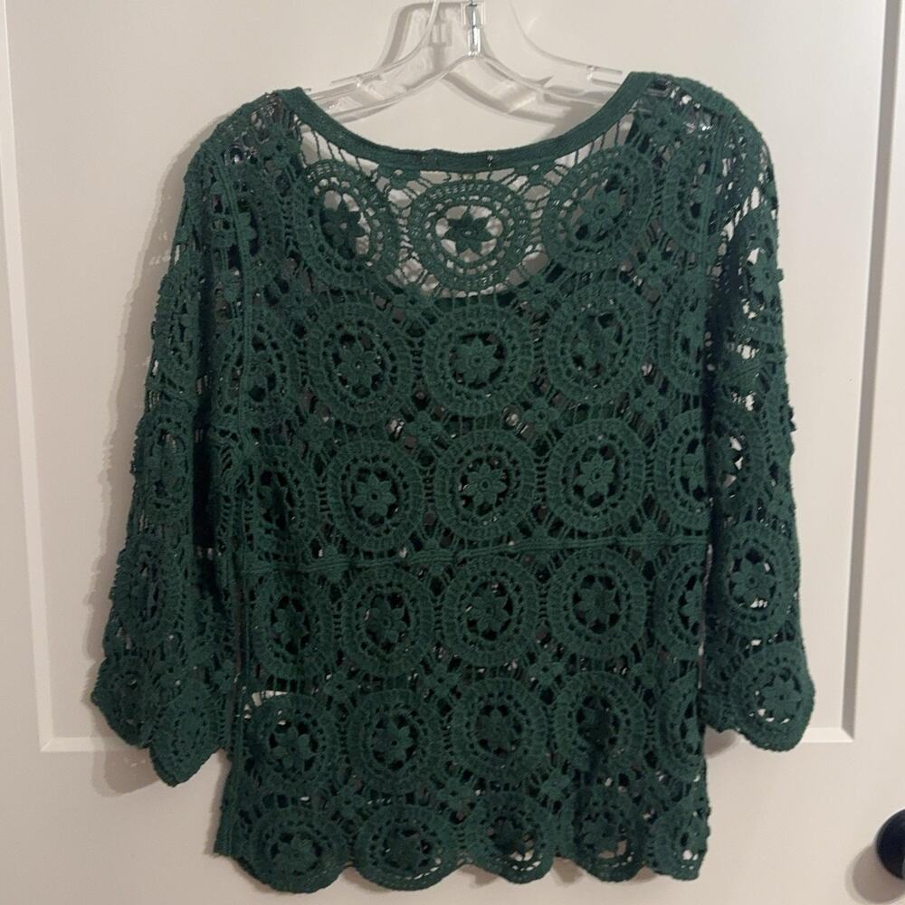 Ultra Pink Blouse Womens M Green Crochet Lace 3/4 Bell Sleeve Sheer Boho Top